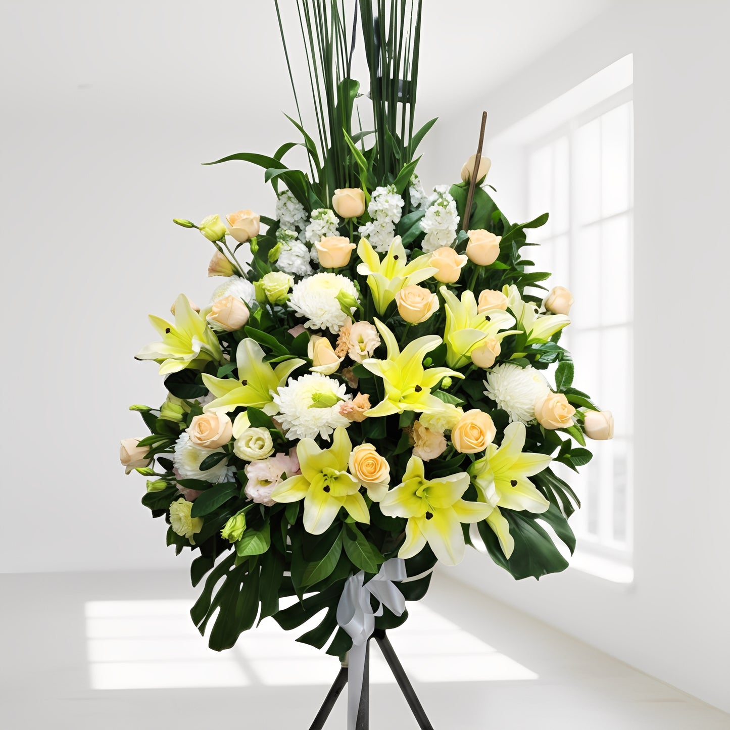 格蘭花店 - 白事花籃 (水竹草、青鐵、日本麝香、牡丹菊、玫瑰、黃天霸、桔梗及襯花) [FS0024] 喪禮 殯儀 告別式 追思會