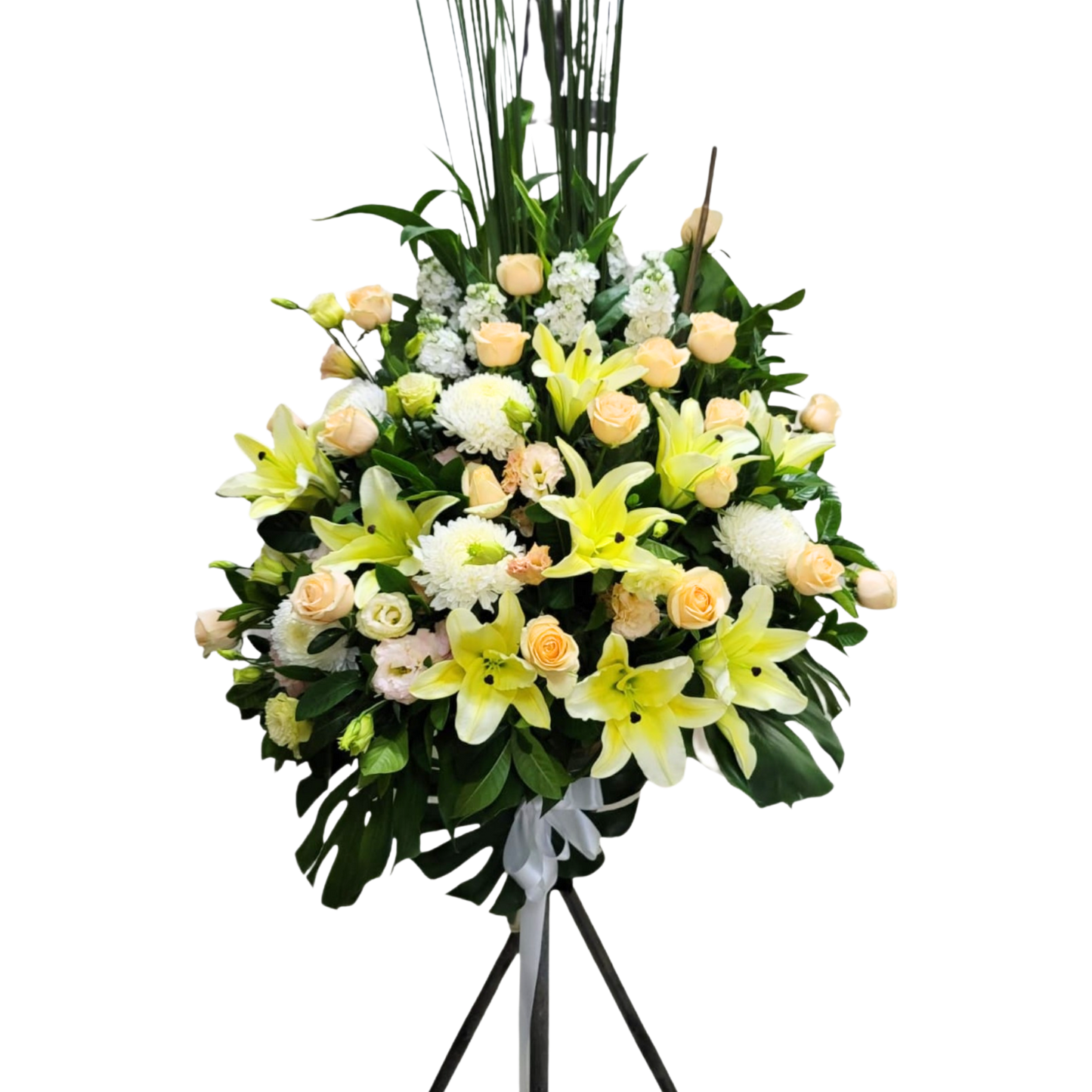 格蘭花店 - 白事花籃 (水竹草、青鐵、日本麝香、牡丹菊、玫瑰、黃天霸、桔梗及襯花) [FS0024] 喪禮 殯儀 告別式 追思會