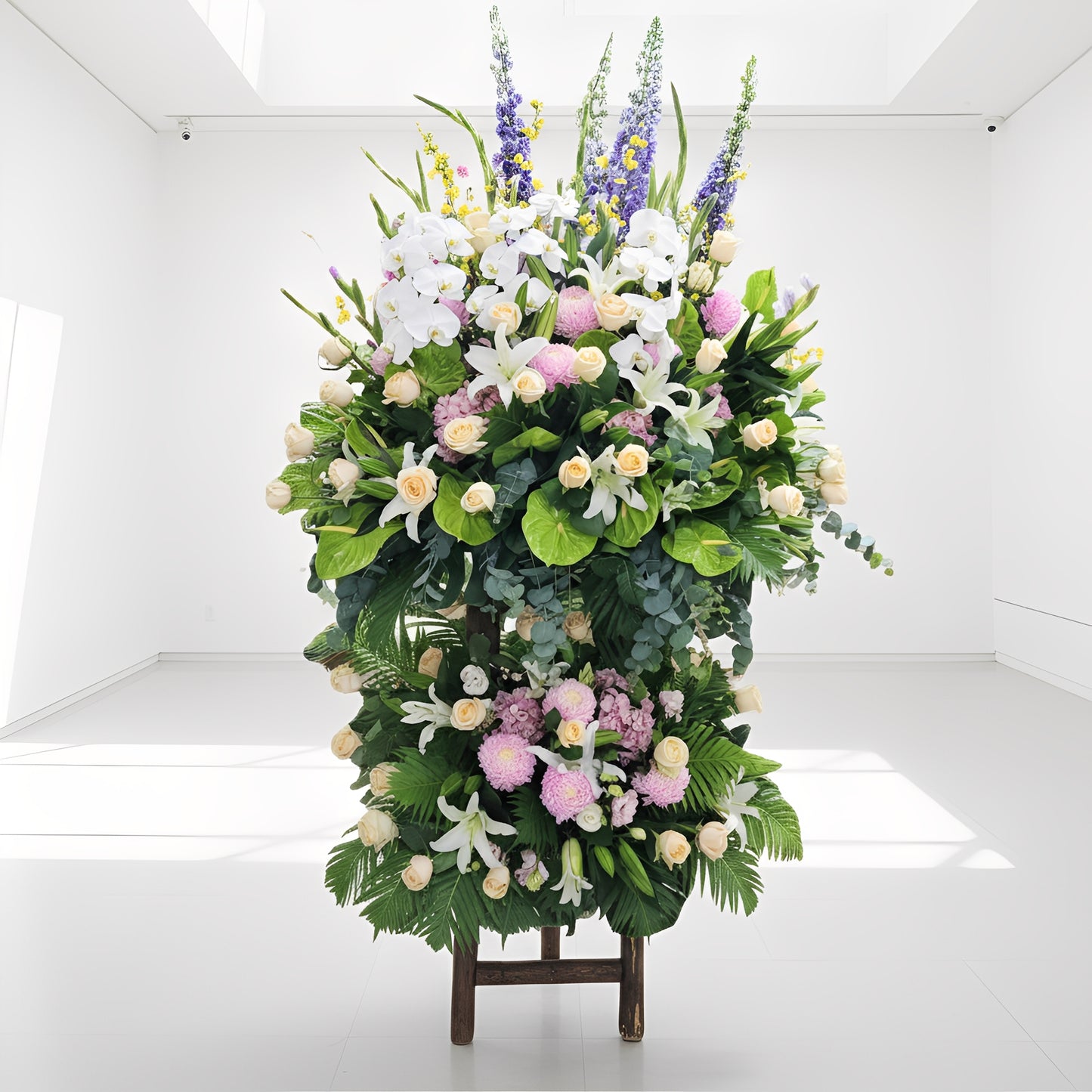 格蘭花店 - 白事花籃 (大飛燕草、跳舞蘭、蝴蝶蘭、牡丹菊、白百合、綠大掌、繡球花、玫瑰、大尤加莉葉及襯花) [FS0025] 喪禮 殯儀 告別式 追思會