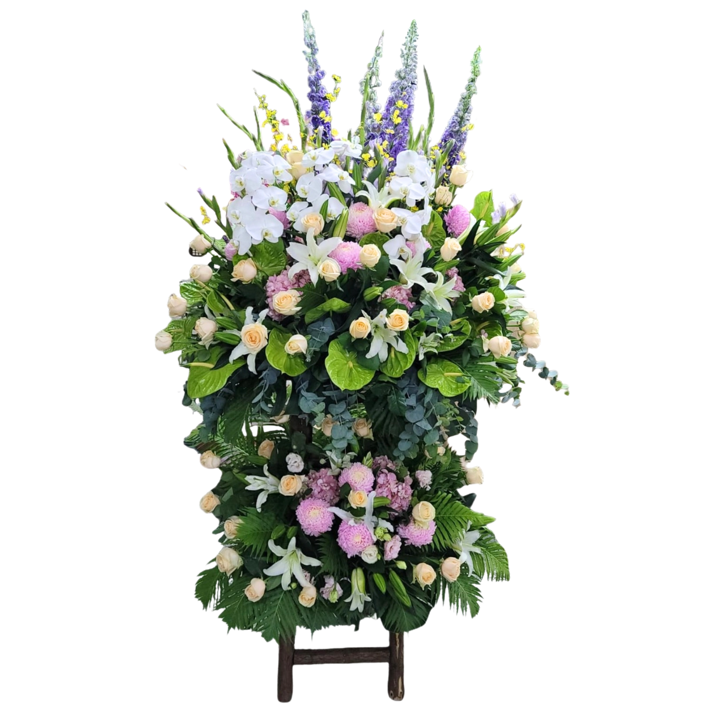 格蘭花店 - 白事花籃 (大飛燕草、跳舞蘭、蝴蝶蘭、牡丹菊、白百合、綠大掌、繡球花、玫瑰、大尤加莉葉及襯花) [FS0025] 喪禮 殯儀 告別式 追思會