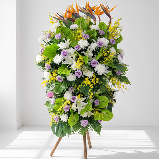 格蘭花店 - 白事花籃 (天堂鳥、跳舞蘭、綠大掌、玫瑰、單頭菊、白百合及襯花) [FS0026] 喪禮 殯儀 告別式 追思會