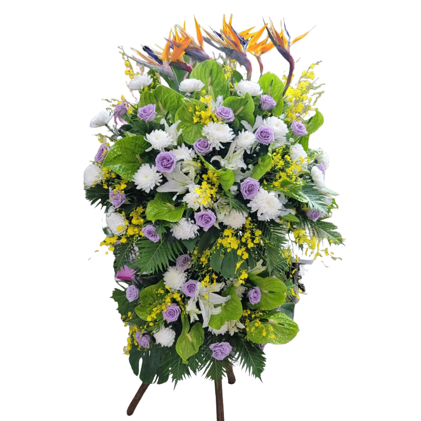 格蘭花店 - 白事花籃 (天堂鳥、跳舞蘭、綠大掌、玫瑰、單頭菊、白百合及襯花) [FS0026] 喪禮 殯儀 告別式 追思會