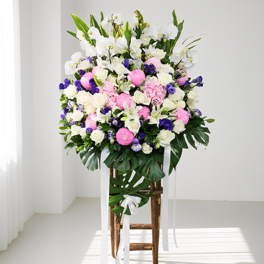 格蘭花店 - 白事花籃 (蝴蝶蘭、青鐵、繡球花、大波菊、玫瑰、桔梗及襯花) [FS0030] 喪禮 殯儀 告別式 追思會