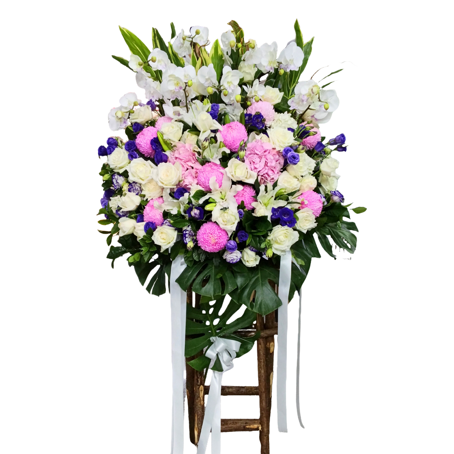 格蘭花店 - 白事花籃 (蝴蝶蘭、青鐵、繡球花、大波菊、玫瑰、桔梗及襯花) [FS0030] 喪禮 殯儀 告別式 追思會