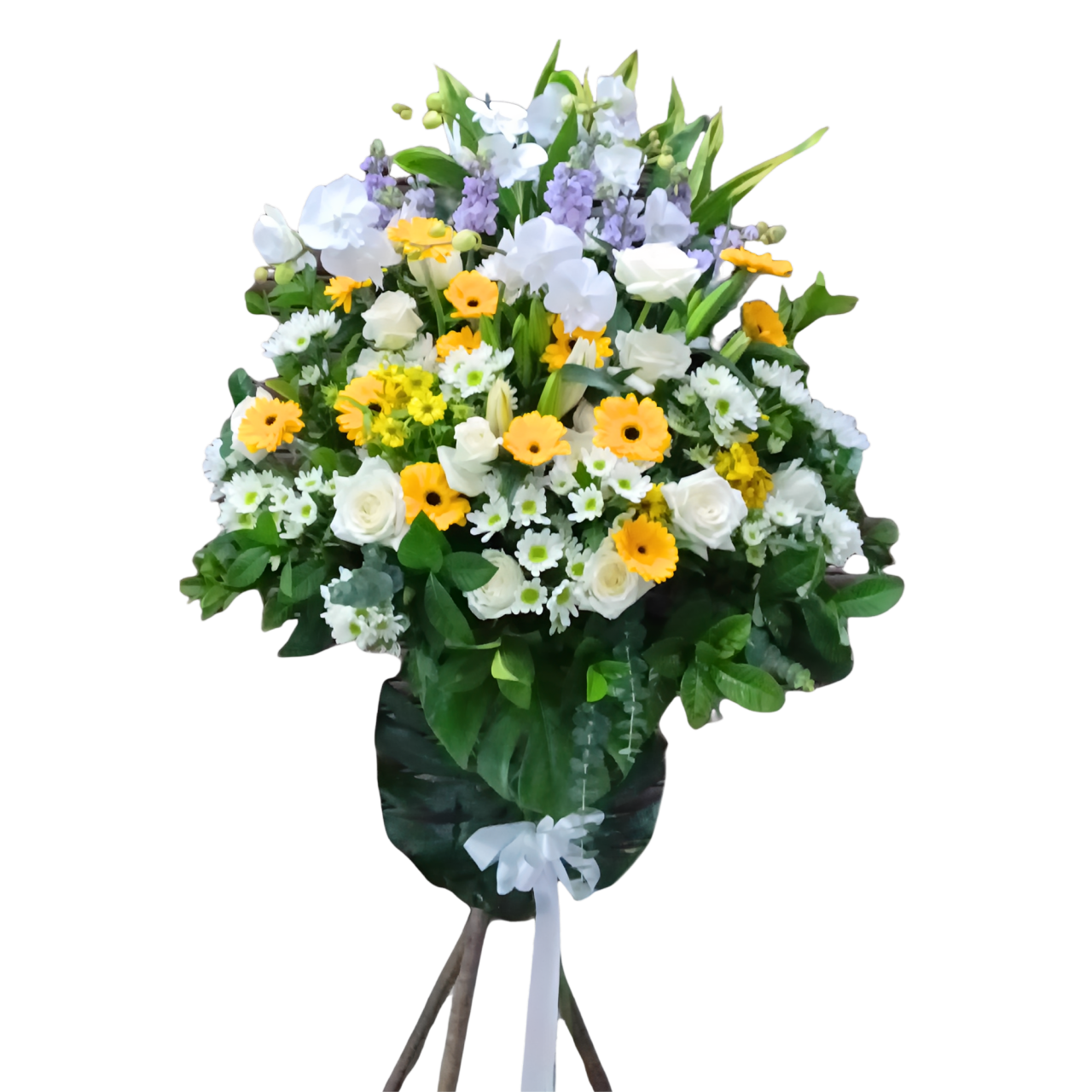 格蘭花店 - 白事花籃 (蝴蝶蘭、青鐵、日本麝香、白百合、小菊、玫瑰、太陽花及襯花) [FS0031] 喪禮 殯儀 告別式 追思會