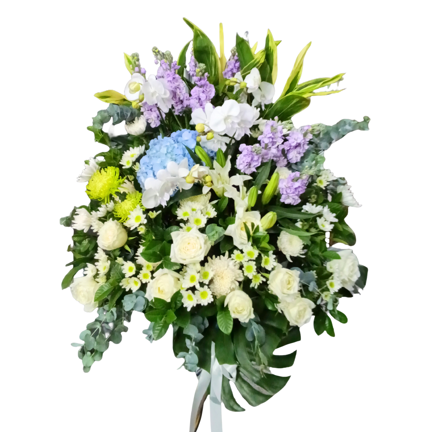 格蘭花店 - 白事花籃 (蝴蝶蘭、青鐵、日本麝香、白百合、小菊、牡丹菊、玫瑰、繡球花、大尤加莉葉及襯花) [FS0032] 喪禮 殯儀 告別式 追思會