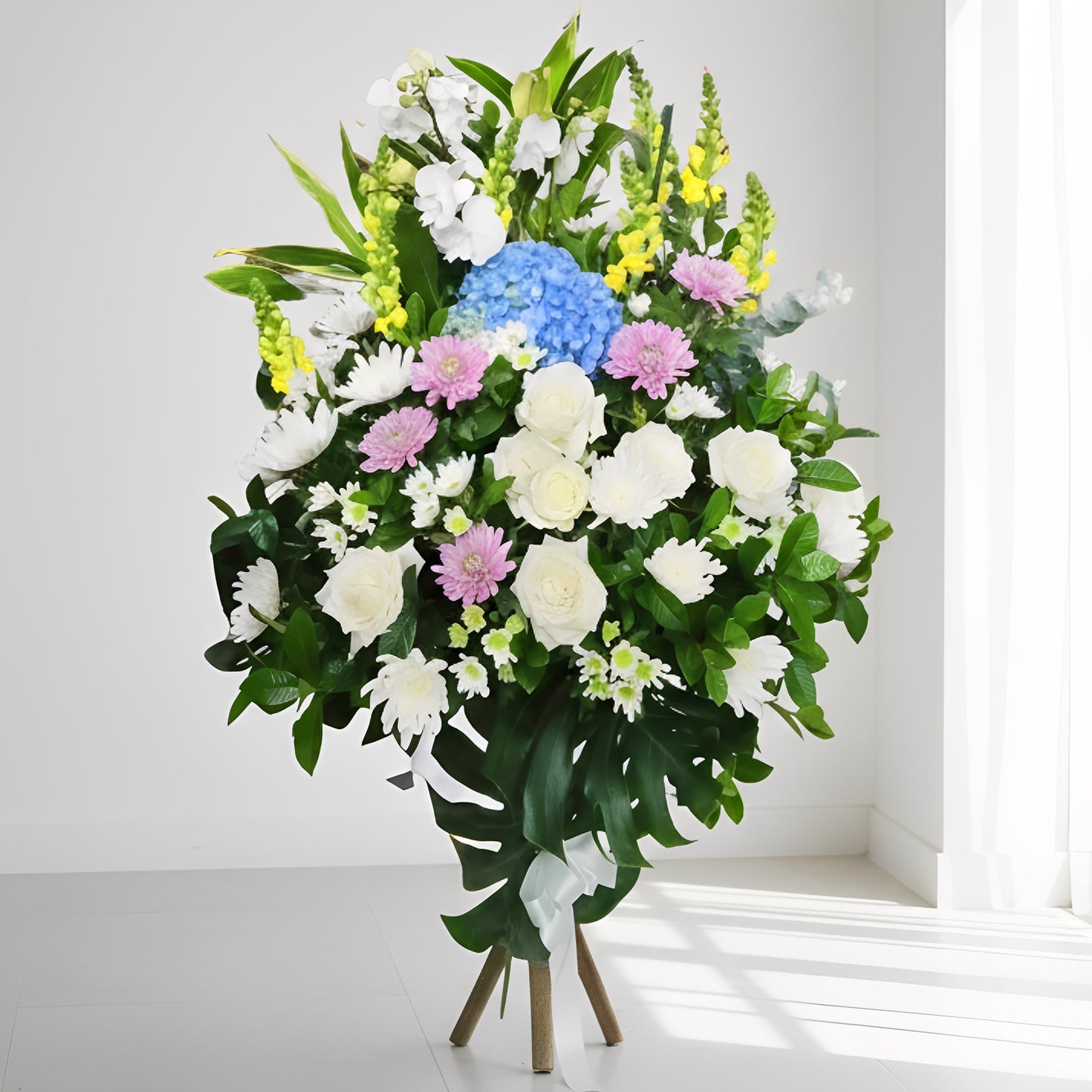 格蘭花店 - 白事花籃 (金魚草、蝴蝶蘭、青鐵、小菊、玫瑰、繡球花、尤加莉葉及襯花) [FS0034] 喪禮 殯儀 告別式 追思會