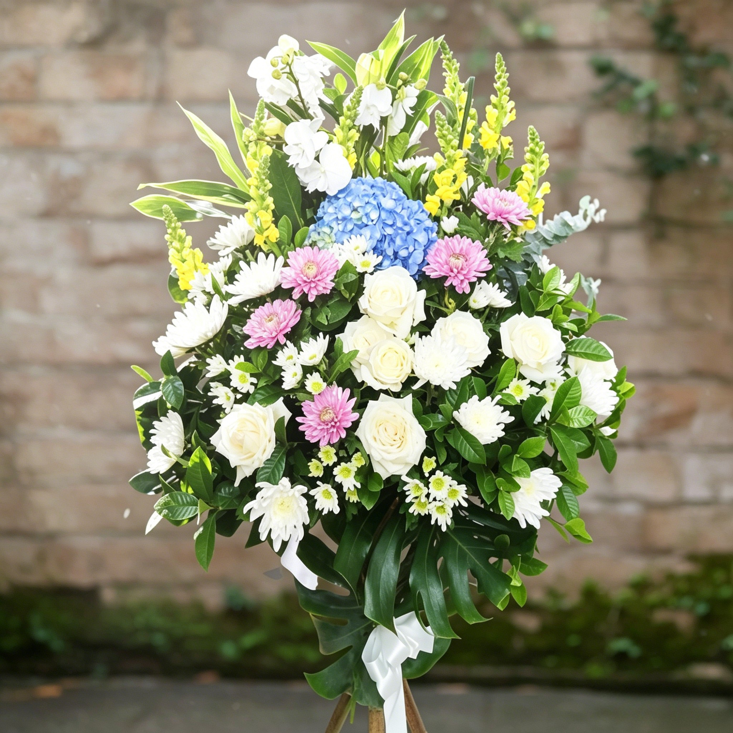 格蘭花店 - 白事花籃 (金魚草、蝴蝶蘭、青鐵、小菊、玫瑰、繡球花、尤加莉葉及襯花) [FS0034] 喪禮 殯儀 告別式 追思會