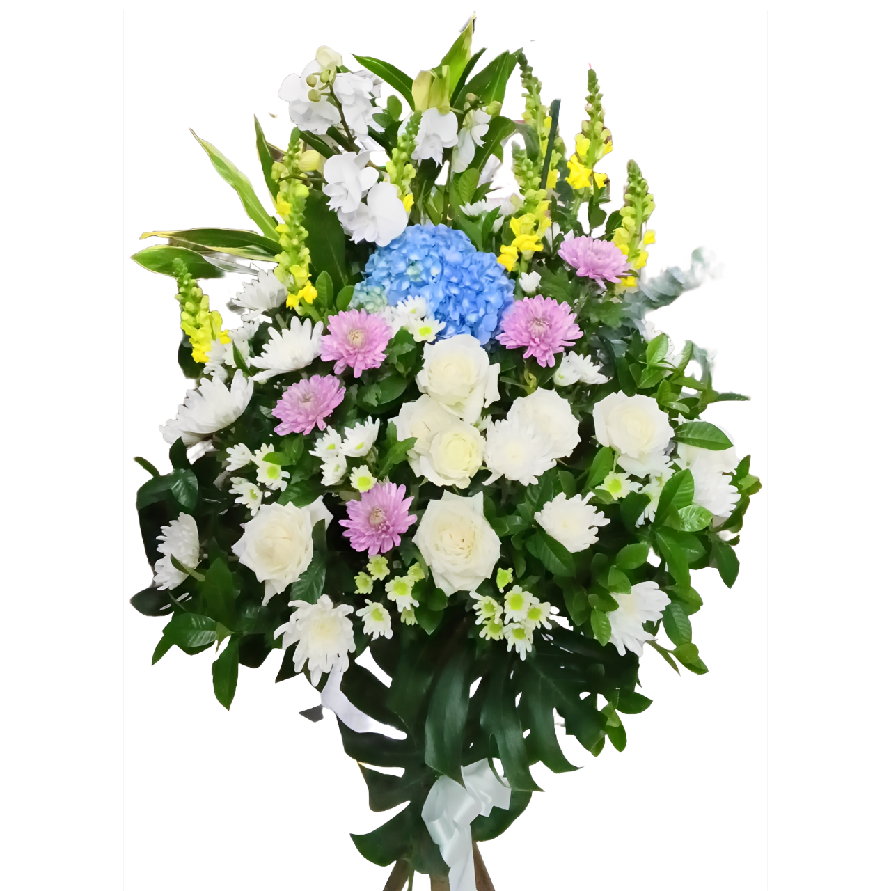 格蘭花店 - 白事花籃 (金魚草、蝴蝶蘭、青鐵、小菊、玫瑰、繡球花、尤加莉葉及襯花) [FS0034] 喪禮 殯儀 告別式 追思會