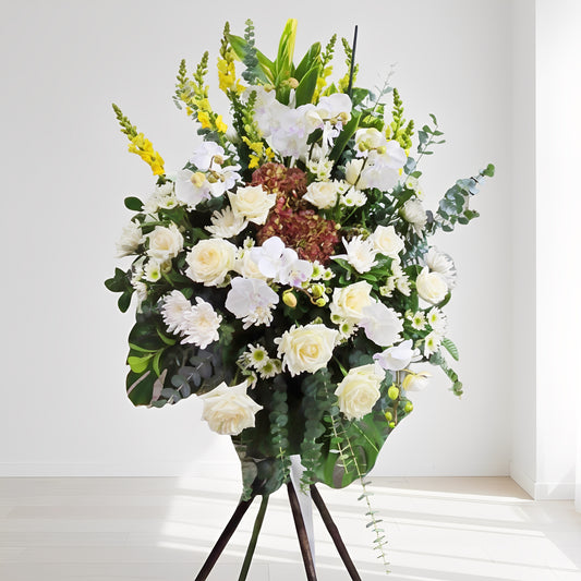 格蘭花店 - 白事花籃 (金魚草、蝴蝶蘭、青鐵、小菊、玫瑰、繡球花、牡丹菊、尤加莉葉及襯花) [FS0035] 喪禮 殯儀 告別式 追思會