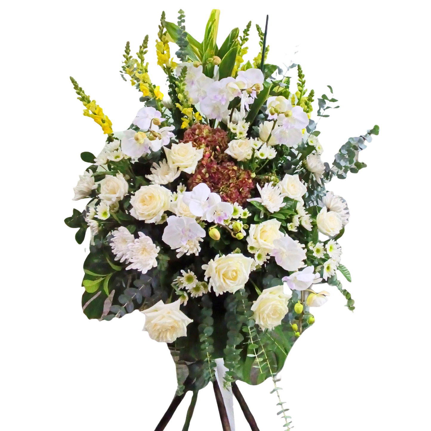 格蘭花店 - 白事花籃 (金魚草、蝴蝶蘭、青鐵、小菊、玫瑰、繡球花、牡丹菊、尤加莉葉及襯花) [FS0035] 喪禮 殯儀 告別式 追思會