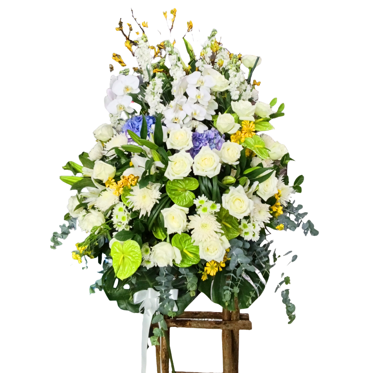 格蘭花店 - 白事花籃 (跳舞蘭、蝴蝶蘭、牡丹菊、白百合、綠大掌、繡球花、玫瑰、大尤加莉葉及襯花) [FS0036] 喪禮 殯儀 告別式 追思會