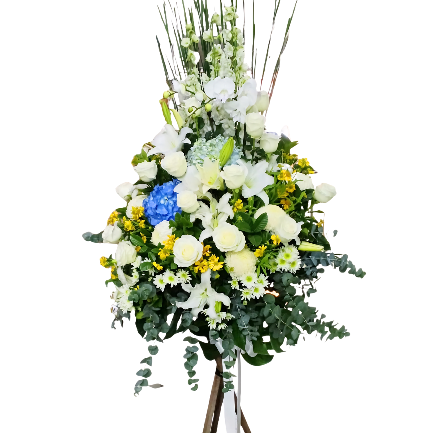 格蘭花店 - 白事花籃 (玫瑰、白合、大飛燕、小菊、菊花、蝴蝶蘭、繡球花、尤加利及其他襯花) [FS26401]