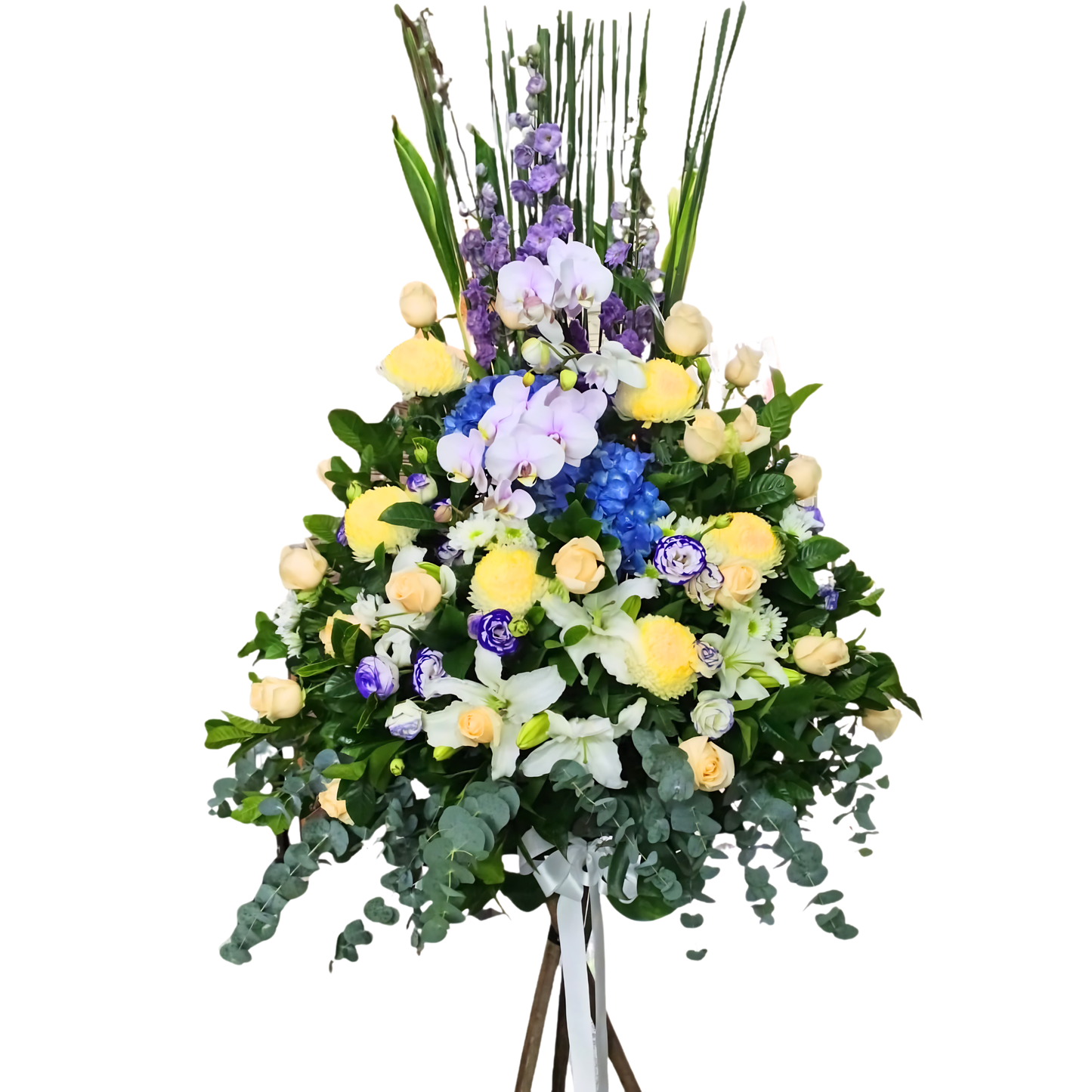 格蘭花店 - 白事花籃 (玫瑰、白合、大飛燕、小菊、菊花、蝴蝶蘭、繡球花、尤加利及其他襯花) [FS26402]