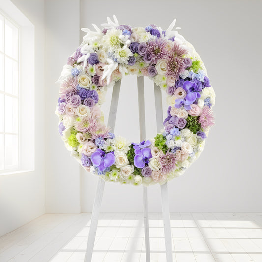 格蘭花店 - 白事花圈 (玫瑰、桔梗、、染色小丁、小菊、菊花、蝴蝶蘭、繡球花及其他襯花) [FW025] 喪禮 殯儀 告別式 追思會