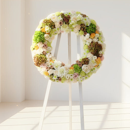 格蘭花店 - 白事花圈 (玫瑰、桔梗、大理花、小菊、康乃馨、繡球花及其他襯花) [FW028] 喪禮 殯儀 告別式 追思會