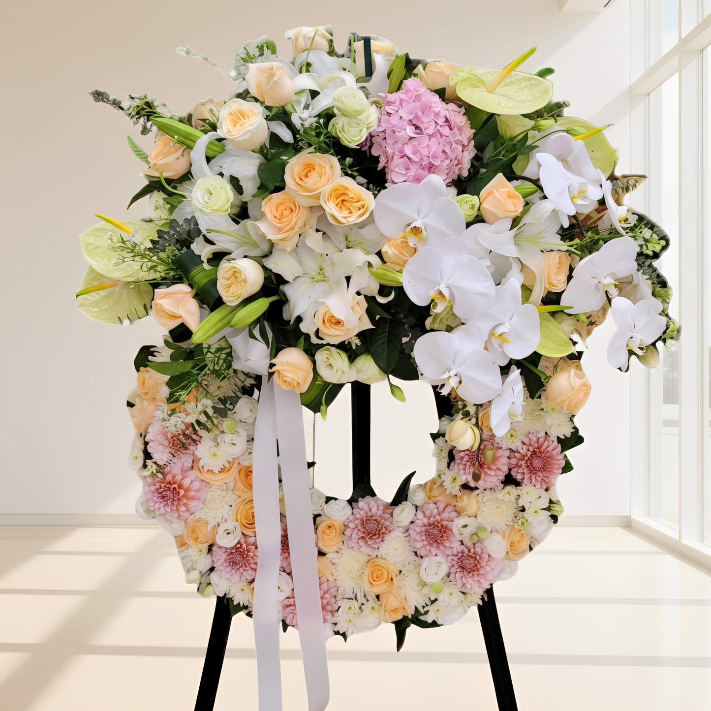 格蘭花店 - 白事花圈 (玫瑰、桔梗、大理花、小菊、菊花、蝴蝶蘭、繡球花、百合、綠掌及其他襯花) [FW029] 喪禮 殯儀 告別式 追思會