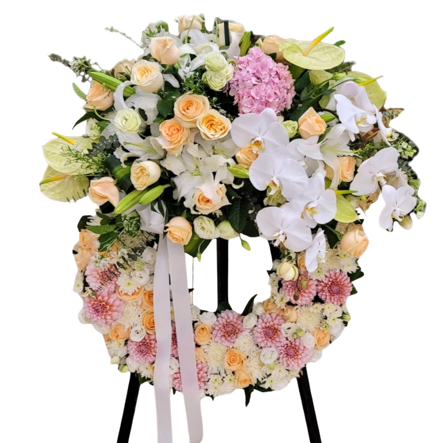 格蘭花店 - 白事花圈 (玫瑰、桔梗、大理花、小菊、菊花、蝴蝶蘭、繡球花、百合、綠掌及其他襯花) [FW029] 喪禮 殯儀 告別式 追思會