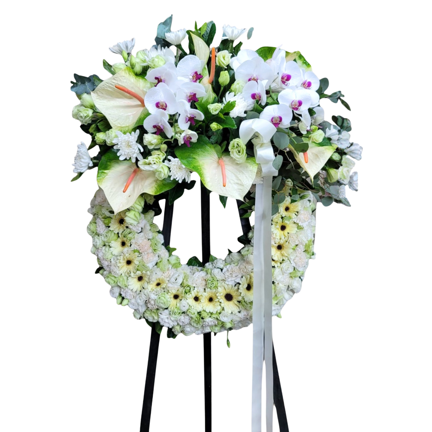 格蘭花店 - 白事花圈 (康乃馨、桔梗、太陽花、菊花、蝴蝶蘭、綠掌及其他襯花) [FW030] 喪禮 殯儀 告別式 追思會