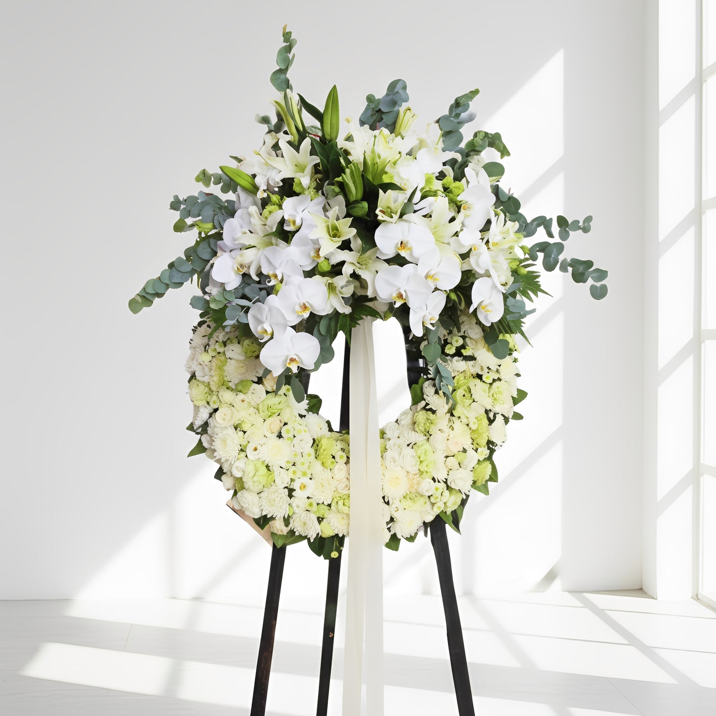 格蘭花店 - 白事花圈 (桔梗、大理花、小菊、菊花、蝴蝶蘭、繡球花、百合、綠掌及其他襯花) [FW031] 喪禮 殯儀 告別式 追思會