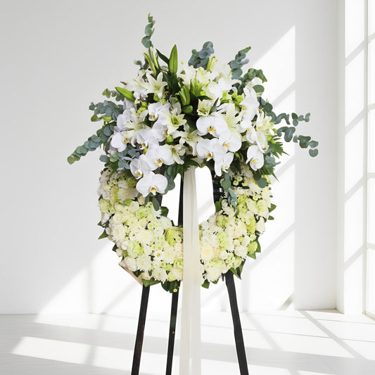 格蘭花店 - 白事花圈 (桔梗、大理花、小菊、菊花、蝴蝶蘭、繡球花、百合、綠掌及其他襯花) [FW031] 喪禮 殯儀 告別式 追思會