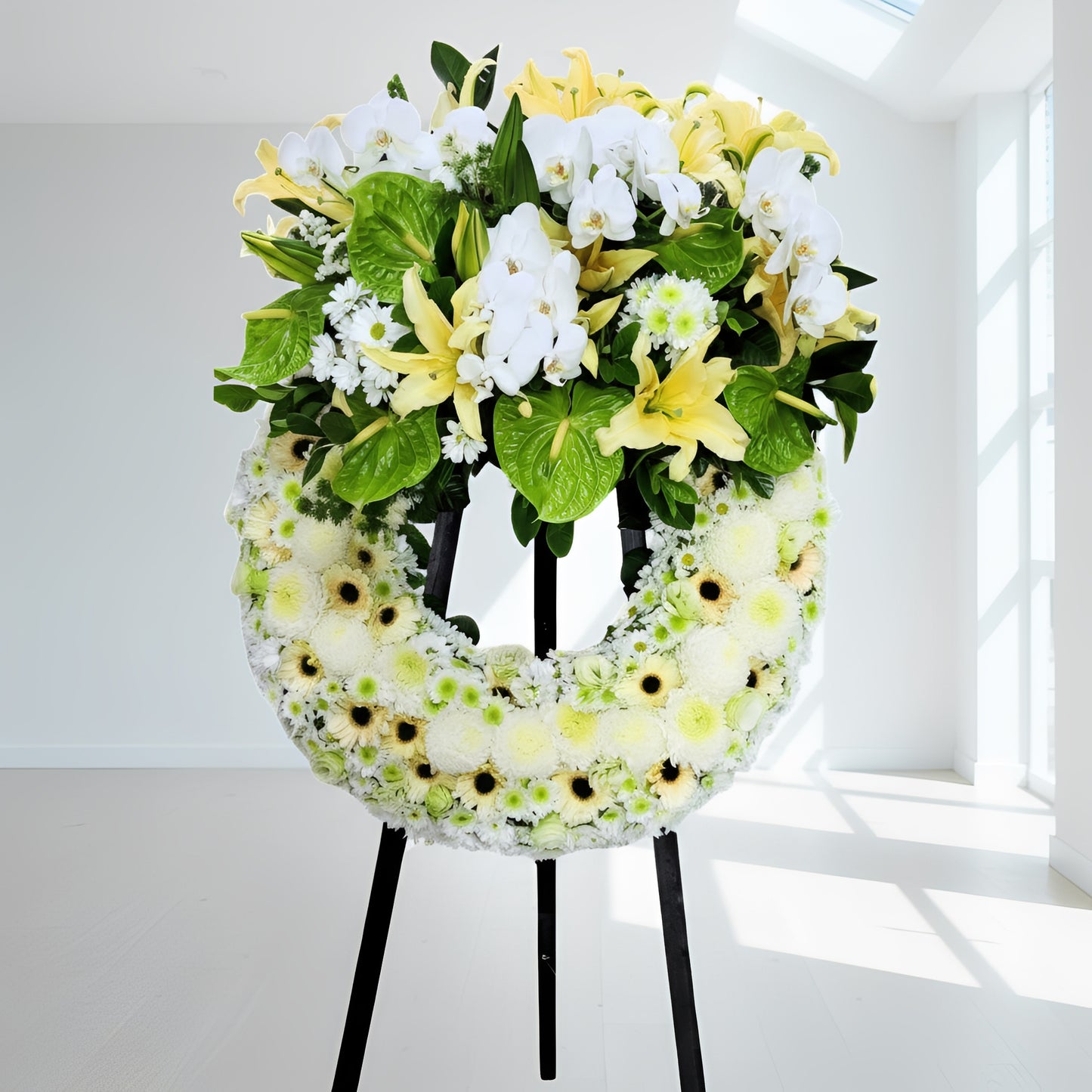 格蘭花店 - 白事花圈 (百合、桔梗、太陽花、菊花、蝴蝶蘭、綠掌及其他襯花) [FW032] 喪禮 殯儀 告別式 追思會