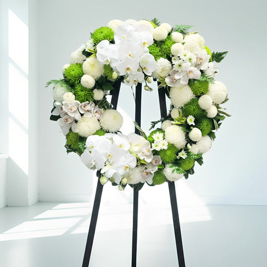 格蘭花店 - 白事花圈 (玫瑰、桔梗、乒乓菊、西施菊、大波菊、蝴蝶蘭及其他襯花) [FW035] 喪禮 殯儀 告別式 追思會