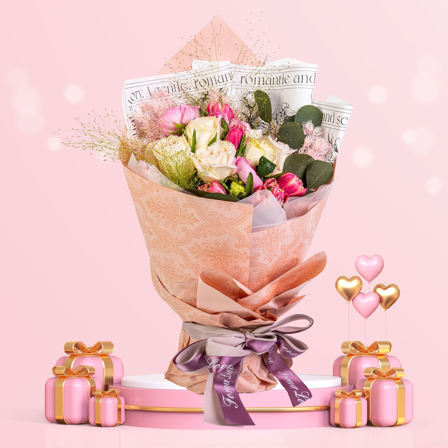 格蘭花店 - 鮮花花束 (粉玫瑰及鬱金香共11枝＋小牡丹、噴泉草及襯花) [GF00072]