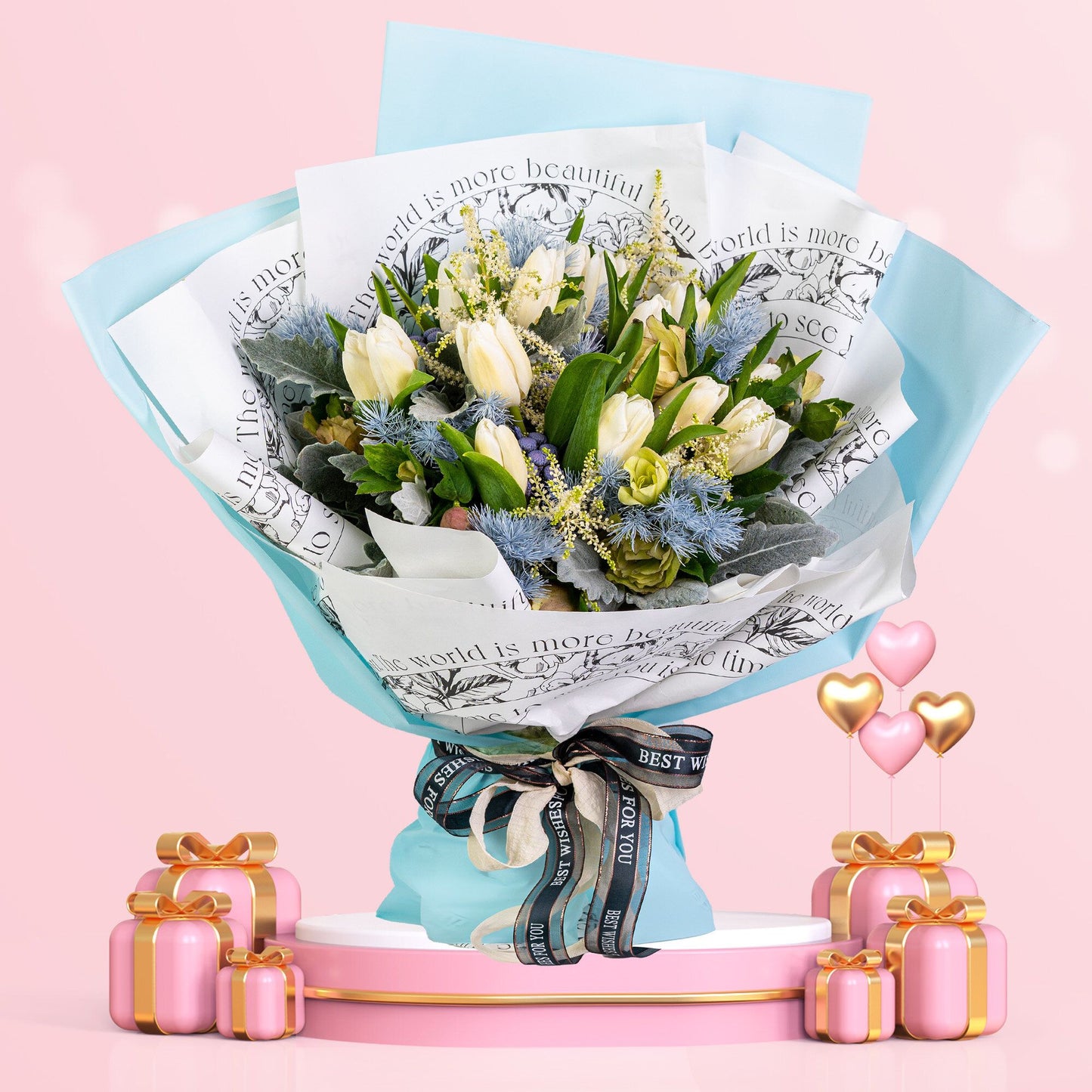 格蘭花店 - 鮮花花束 (鬱金香20枝＋小百合、白雪、米娜葉及襯花) [GF00073]