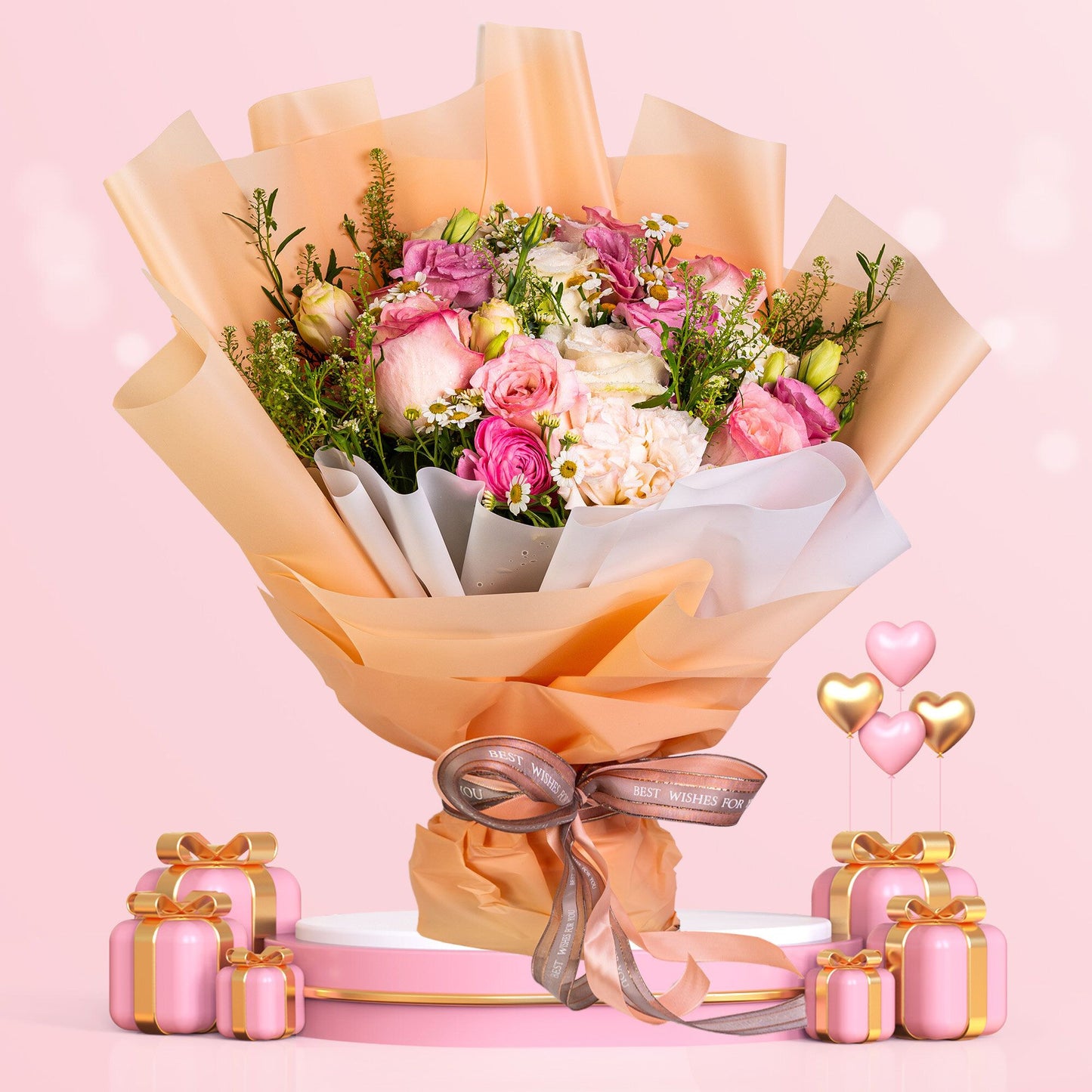 格蘭花店 - 鮮花花束 (粉玫瑰11枝＋桔梗、小牡丹及襯花) [GF00074]