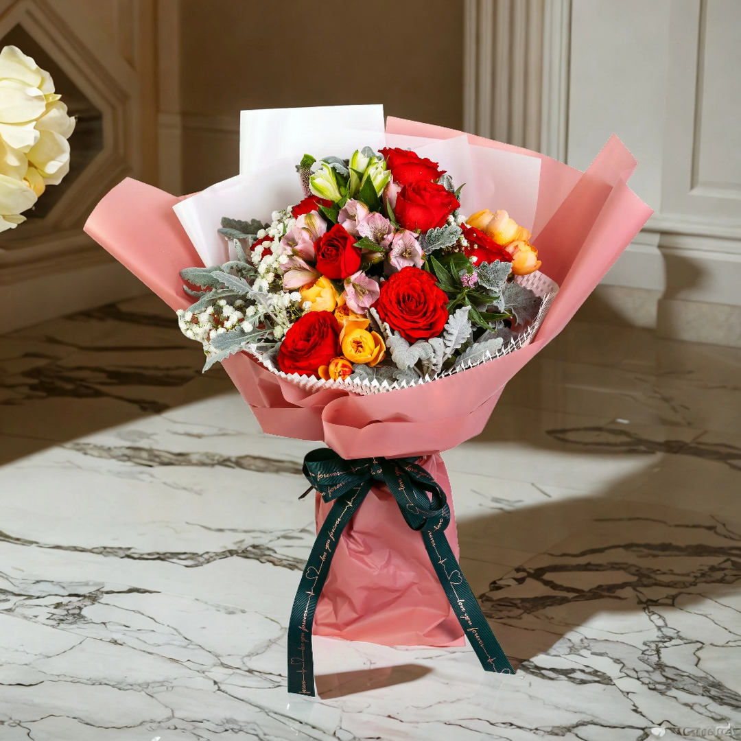 格蘭花店 - 鮮花花束 (紅玫瑰9枝＋小白合、老鼠尾、星花及米娜葉) [GF00075]