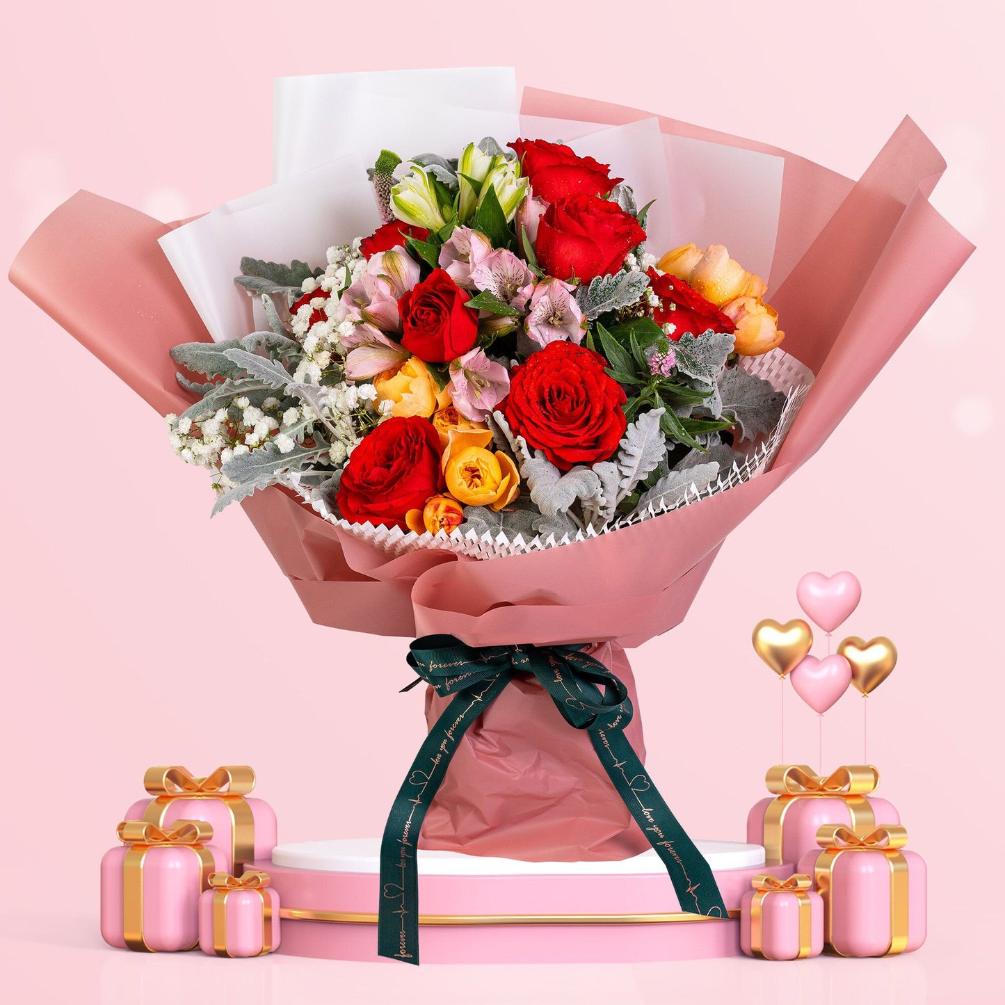 格蘭花店 - 鮮花花束 (紅玫瑰9枝＋小白合、老鼠尾、星花及米娜葉) [GF00075]