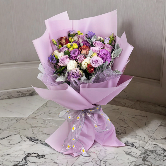 格蘭花店 - 鮮花花束 (紫玫瑰及朱古力玫瑰共11枝＋桔梗、米娜葉及襯花) [GF00076]
