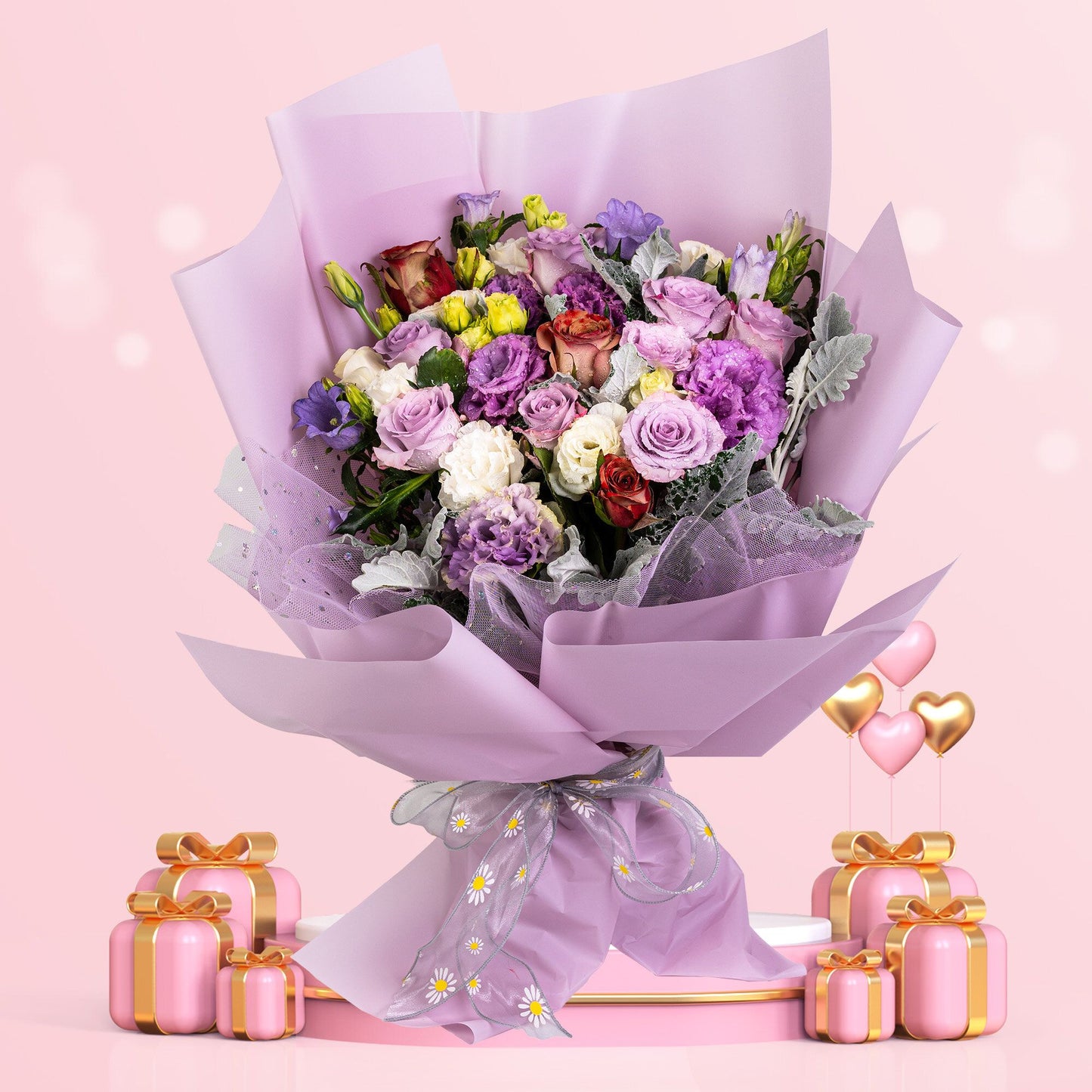 格蘭花店 - 鮮花花束 (紫玫瑰及朱古力玫瑰共11枝＋桔梗、米娜葉及襯花) [GF00076]