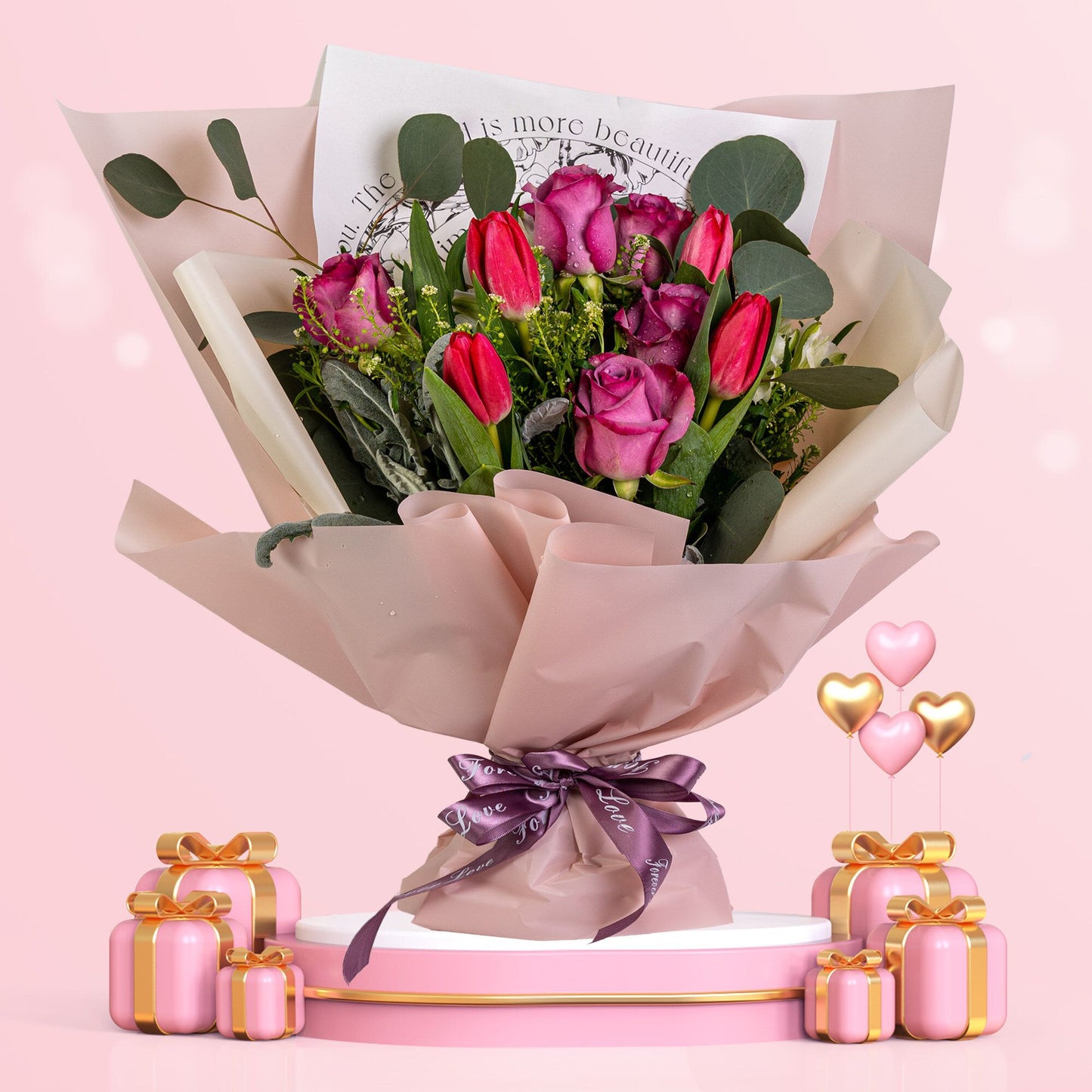 格蘭花店 - 鮮花花束 (紫玫瑰及鬱金香共9枝＋尤加利葉、BB草、米娜葉及襯花) [GF00077]