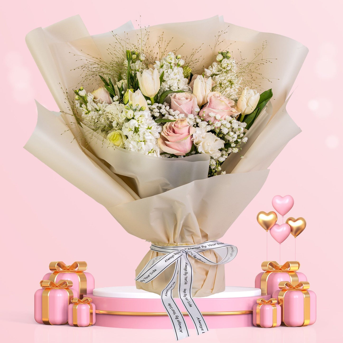 格蘭花店 - 鮮花花束 (粉玫瑰及鬱金香共11枝＋日本麝香、噴泉草、桔梗、滿天星及襯花) [GF00078]