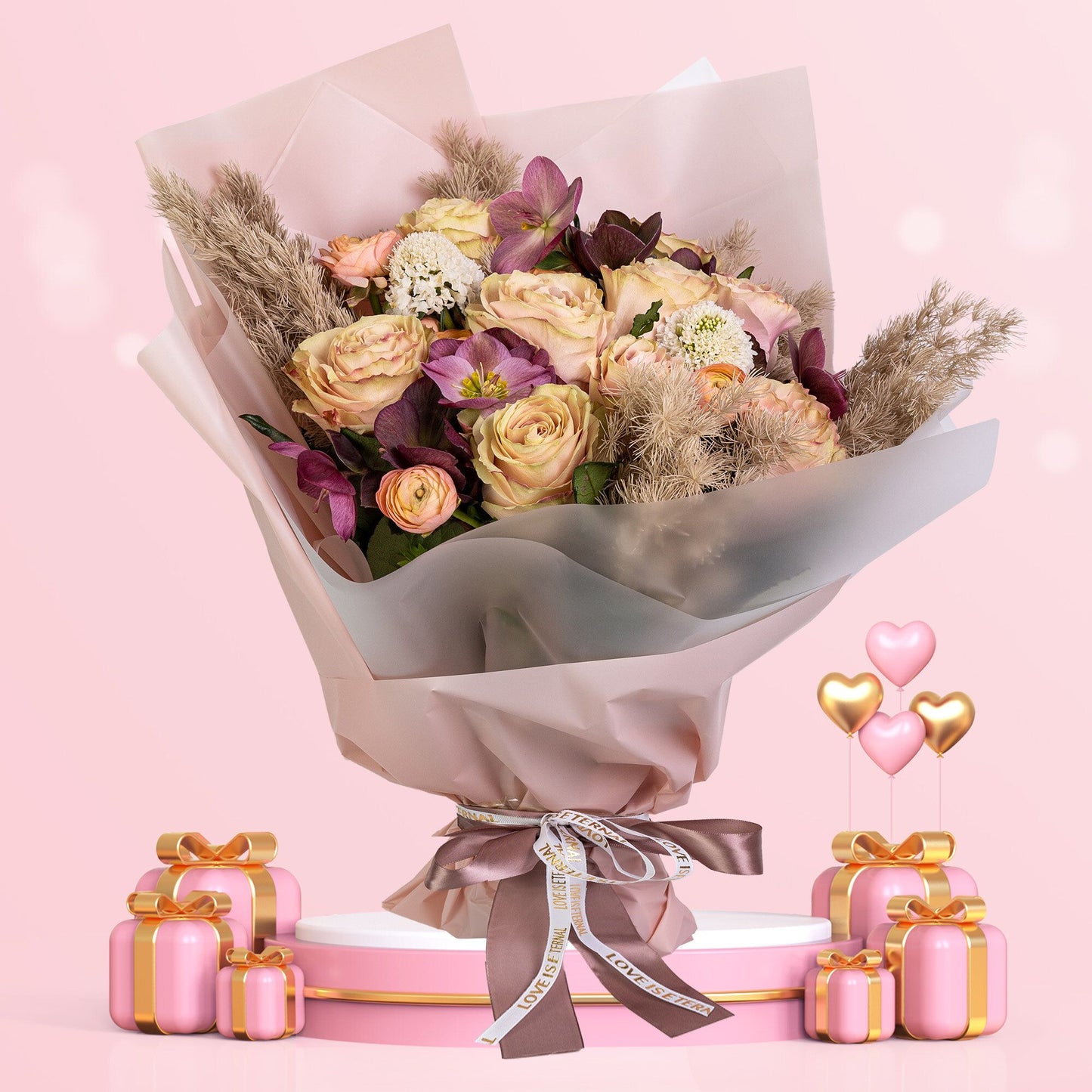 格蘭花店 - 鮮花花束 (玫瑰11枝＋小牡丹、蟲蟲草及襯花) [GF00079]