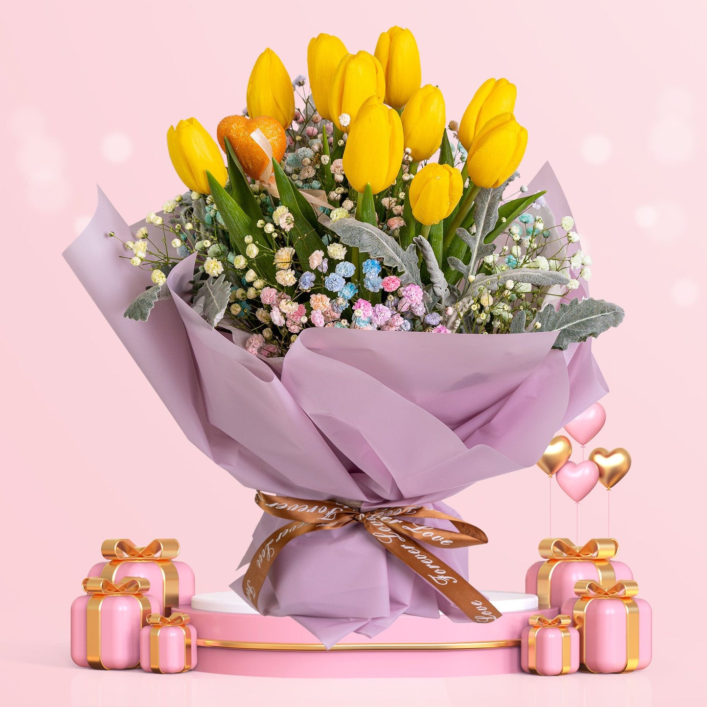 格蘭花店 - 鮮花花束 (鬱金香10枝＋彩色滿天星、米娜葉及襯花) [GF00084]