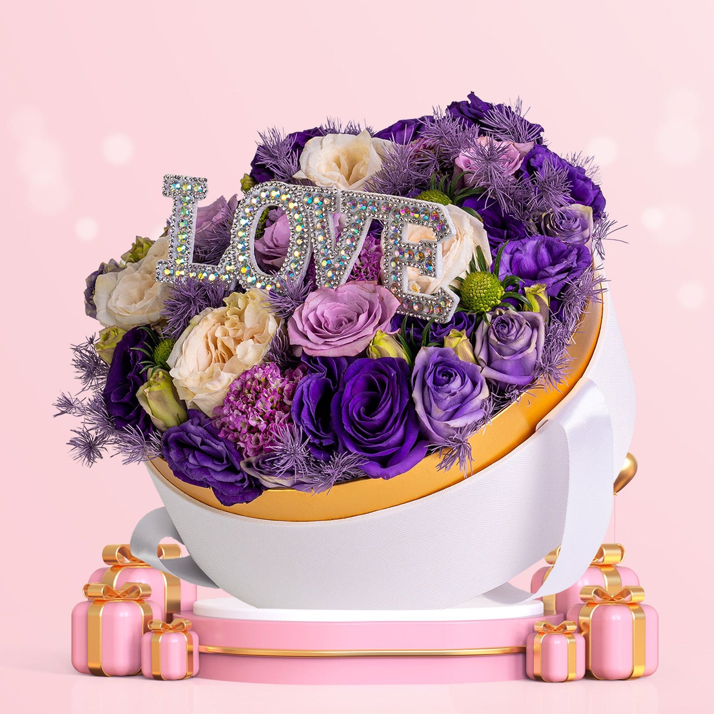 格蘭花店 - 圓形鮮花花盒 (紫玫瑰11枝＋桔梗、小白合及襯花，配襯高級禮盒) [GF00087 / 7401750]