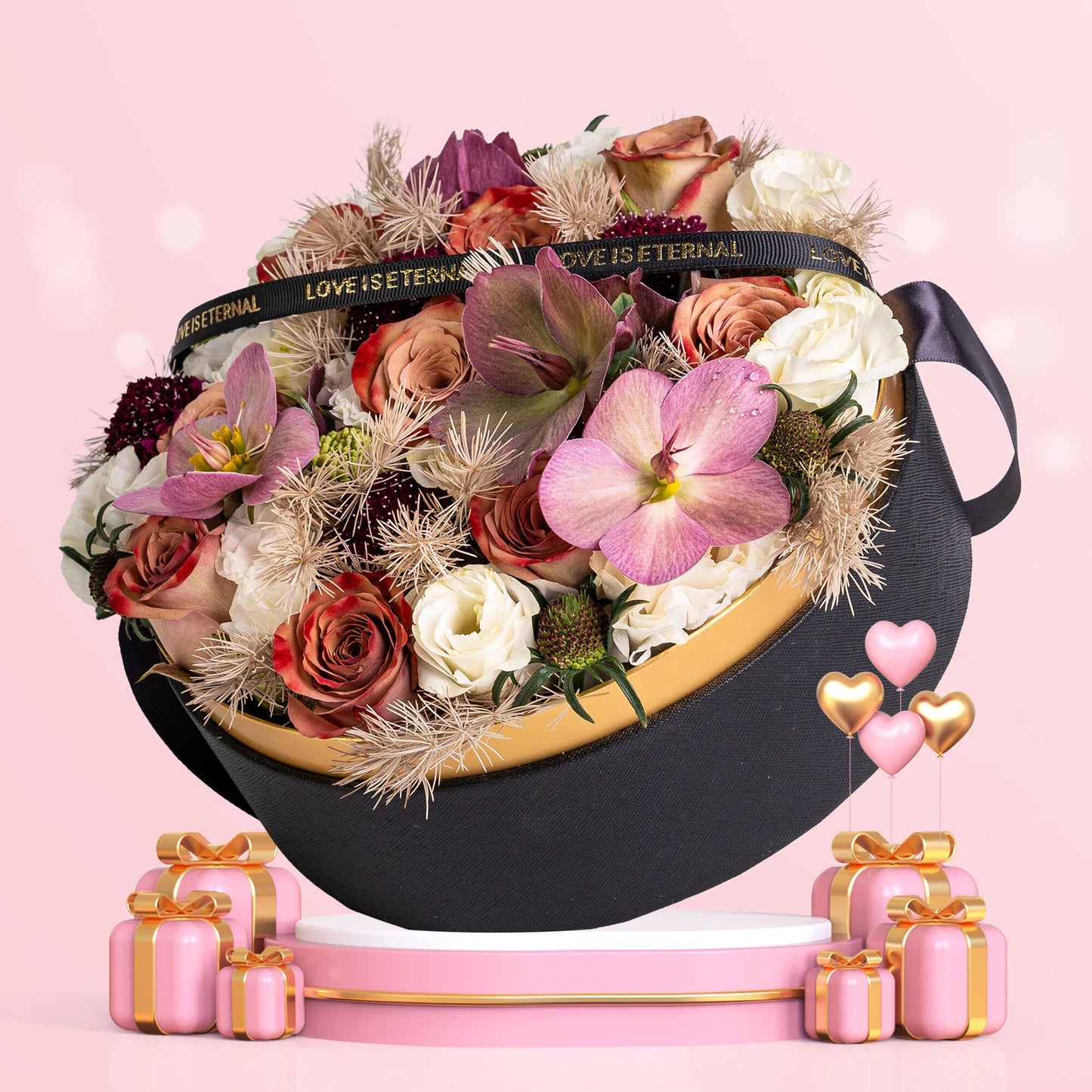 格蘭花店 - 圓形鮮花花盒 (混合玫瑰11枝＋桔梗、小白合及襯花，配襯高級禮盒) [GF00088 / 7401753]