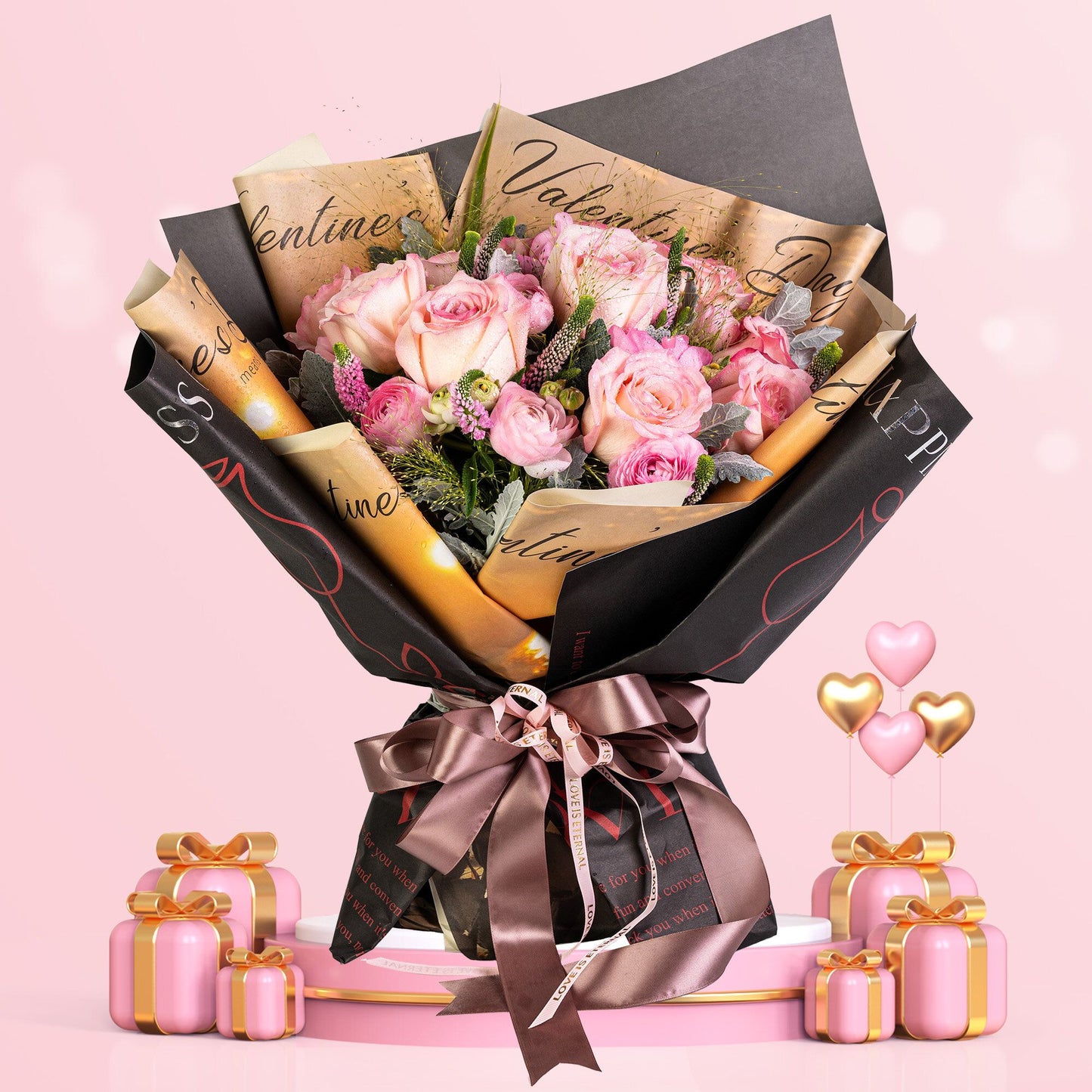 格蘭花店 - 鮮花花束 (厄瓜多爾A級玫瑰11枝＋噴泉草、鼠尾、小牡丹、米娜葉及襯花) [GF00089]