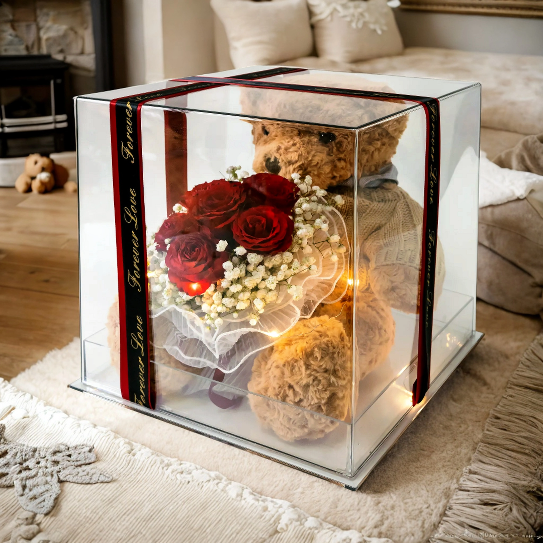 格蘭花店 - 泰迪熊仔鮮花禮盒 (紅玫瑰6枝＋滿天星花束，配襯透明高級禮盒) (40cm泰迪熊仔) [GF00090]