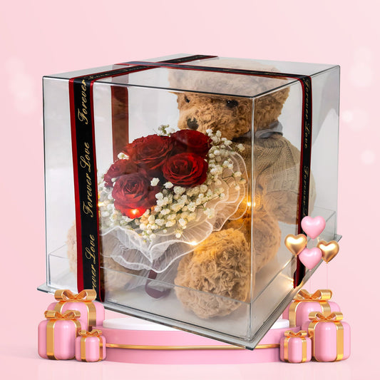格蘭花店 - 泰迪熊仔鮮花禮盒 (紅玫瑰6枝＋滿天星花束，配襯透明高級禮盒) (40cm泰迪熊仔) [GF00090]