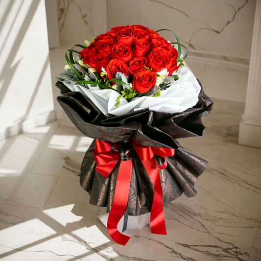 格蘭花店 - 鮮花花束 (紅玫瑰30枝＋較剪蘭、春蘭葉、米娜葉及襯花) [GF00094]