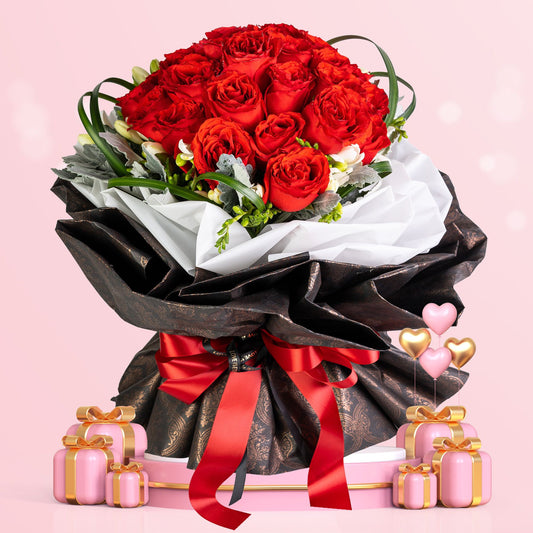 格蘭花店 - 鮮花花束 (紅玫瑰30枝＋較剪蘭、春蘭葉、米娜葉及襯花) [GF00094]