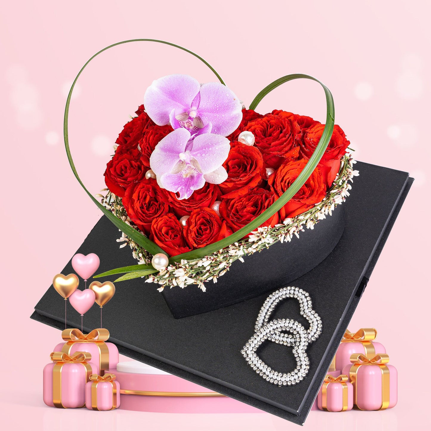 格蘭花店 - 心形鮮花花盒 (紅玫瑰18枝＋蝴蝶蘭、珍珠及襯花，配襯高級禮盒) [GF00096]