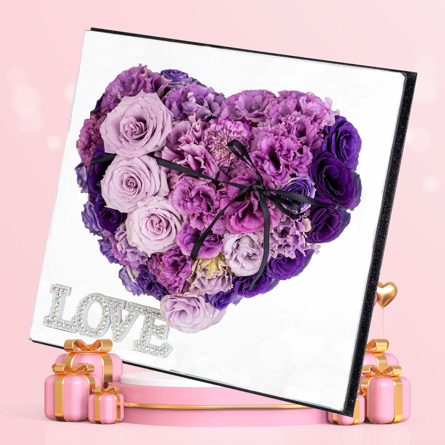 格蘭花店 - 心形鮮花花盒 (紫玫瑰11枝＋桔梗及襯花，配襯立體玻璃鏡面禮盒) [GF00099]