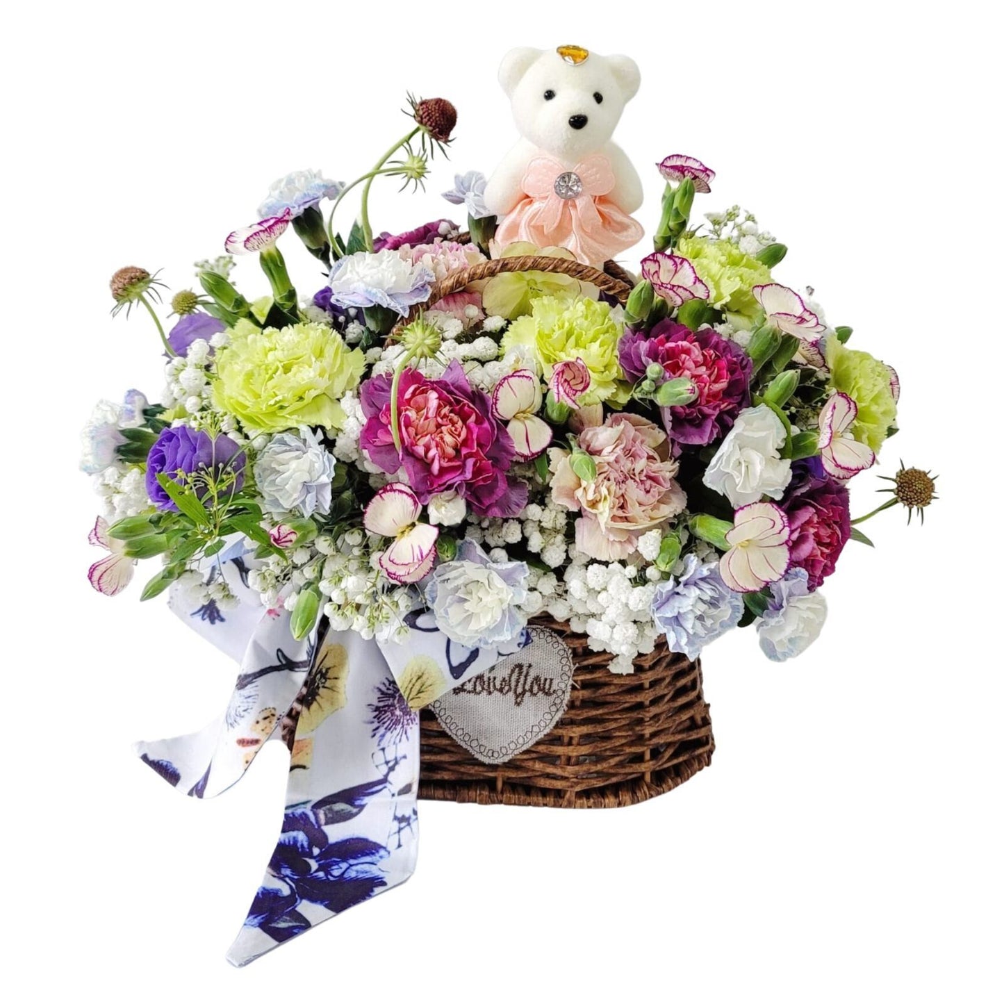 格蘭花店 - 鮮花花籃 (康乃馨、滿天星、小丁蟲蟲草、小繡球) [GF00125]