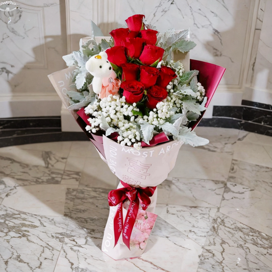 格蘭花店 - 鮮花花束 (玫瑰12支、滿天星、銀葉菊) [GF00126]