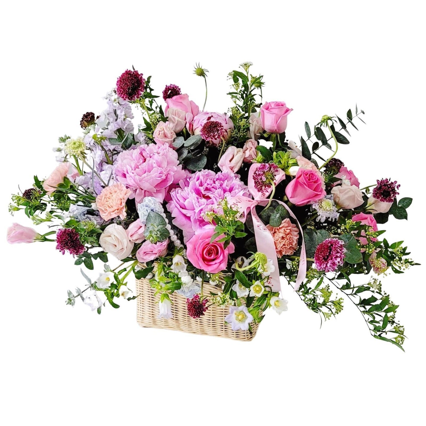 格蘭花店 - 鮮花花籃 (牡丹康乃馨、玫瑰、風鈴草、桔梗、蟲蟲草、尤加利、日本麝香、小繡球) [GF00128]